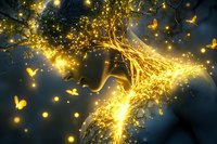 Magical glowing golden tree with luminous butterflies emerging from branches against dark background, creating ethereal light effects and sparkles.