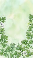 Watercolor herb garden border with parsley and small purple flowers on soft green and cream background, isolated on transparent space for design layouts, greeting cards, and botanical projects.