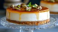 Creamy cheesecake with caramel drizzle and pistachio garnish on decorative cake server, ready for bakery, dessert, and food styling use.