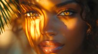 Close up portrait of young African American woman in warm sunset light with palm leaf shadows creating stripes on glowing skin, artistic beauty photography.