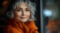 Mature Caucasian woman with silver hair and warm smile wearing orange knit scarf looking through rainy window. Natural lighting creates cozy autumn mood.