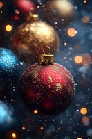 Red and gold glittering Christmas baubles against dark background with bokeh lights and falling snow creating magical holiday atmosphere.