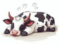 Adorable cartoon cow lying down with hearts floating above, featuring black and white spotted pattern and sweet expression for children's designs.