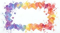 Watercolor rainbow hearts frame with white center space for text, romantic love border design with colorful heart shapes and paint splatters.