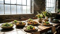 Rustic dining table with fresh salad bowls and wildflower arrangements in sunlit stone interior, farm-to-table restaurant setting.
