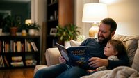 Father and young son reading bedtime story together on cozy living room sofa in warm evening light creating bonding family moment at home.