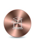 Rose gold metallic button with white online education icons featuring graduation cap and laptop for e-learning platforms and digital academic services.