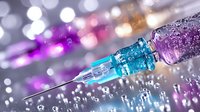 Medical syringe with blue liquid against blurred bokeh background in purple and silver tones, macro photography with water drops and reflective elements.