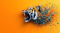 Fierce roaring tiger head with dispersing turquoise particles effect on vibrant orange background, showing aggression and power in artistic style.