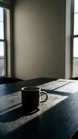Black mug on wooden table in minimalist interior with natural sunlight from windows, suitable for beverage, lifestyle and home decor projects.