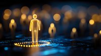 Glowing digital human figure standing on circuit board with bokeh lights background, representing artificial intelligence and digital transformation in technology.
