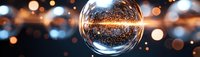 Crystal glass sphere reflecting golden lights and bokeh on dark background, creating magical atmospheric effect with glowing particles and reflections.