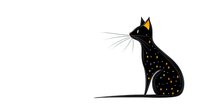 Black cat silhouette decorated with golden stars and moon pattern on white background, mystical minimalist design for Halloween decor and magical themes.