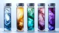 Colorful liquid swirls in glass bottles, showcasing blue, amber, teal, pink, and purple hues against light background. Artistic fluid display for cosmetics or beverages.