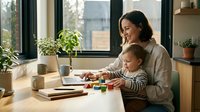 Young mother working from home with toddler son at kitchen table, multitasking parenthood and career in bright modern interior with plants and laptop.