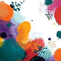 Abstract colorful paint splatters and brush strokes on white background, featuring vibrant orange, teal, red, and purple shapes with textured elements.
