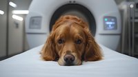 Adorable golden cocker spaniel dog lying on medical examination table during veterinary checkup, waiting for MRI scan in modern veterinary clinic.