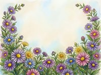 Watercolor wildflower border frame with purple, pink and yellow daisies on textured paper background for spring greeting cards and botanical designs.