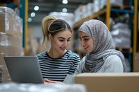 Diverse female colleagues working together on laptop in warehouse inventory management, checking logistics data in distribution center.