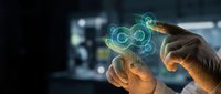 Businessman hands holding glowing infinity symbol with digital network connections representing endless possibilities and sustainable business growth concepts.