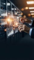Businessman hands touching holographic financial charts and graphs in modern office environment for data analysis and business intelligence applications.