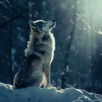 Majestic wolf sitting in snowy forest during winter sunrise, backlit by ethereal sunbeams breaking through trees while snowflakes fall in misty morning atmosphere.