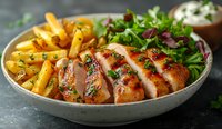 Grilled sliced chicken breast with golden roasted potatoes and fresh green salad in ceramic bowl, served with creamy sauce. Restaurant quality meal presentation.