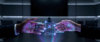 Two business hands reaching toward each other with glowing digital network connections and data visualization effects in futuristic corporate setting.