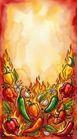 Watercolor illustration of hot peppers and vegetables surrounded by vibrant flames and fire, creating a spicy food border design with warm yellow, orange, and red tones on isolated background.