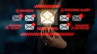 Cybersecurity concept with finger pointing at email envelope surrounded by phishing alert and malware detected warning messages on dark background.