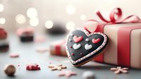 Heart shaped chocolate cookie with red hearts decoration next to pink gift box on blurred background with bokeh lights and scattered sugar decorations.