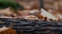 Golden engagement ring with diamond on dark tree bark surrounded by autumn leaves, romantic wedding proposal setting in nature background.
