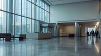 Modern minimalist lobby with polished concrete floor, floor-to-ceiling windows, and contemporary architectural elements. Empty corporate entrance hall suitable for business, office, and commercial design projects.