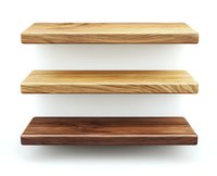 Wooden shelves isolated on white background, empty display boards in light and dark wood tones for product presentation and interior design elements.