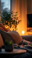 Cozy evening atmosphere with warm lamp glow, knitted blanket on sofa, and decorative houseplant creating peaceful home ambiance. Perfect for lifestyle and interior design.