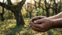 Hands holding young seedling plant in soil with blurred forest background, symbolizing environmental conservation, sustainability, and eco-friendly growth for nature campaigns.