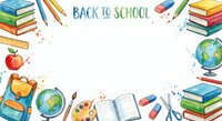 Back to school watercolor frame with colorful supplies, books, globe, backpack and stationery on white background for educational design projects.