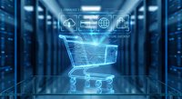 Digital shopping cart hologram with e-commerce icons floating in modern data center server room. Online retail technology concept for business websites.