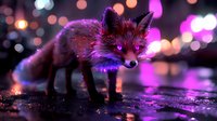 Red fox in urban environment at night with glowing eyes and bokeh lights creating magical atmosphere on wet street. Purple and pink city lights reflect.