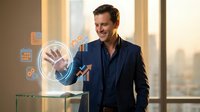 Businessman in dark suit interacting with holographic data visualization and charts in modern office with city skyline view, representing financial analysis and digital technology solutions.