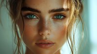 Close up portrait of young Caucasian woman with intense turquoise eyes, freckles, and natural makeup in warm atmospheric lighting. Messy updo hairstyle creates romantic mood.