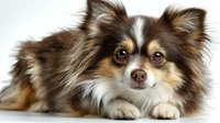 Adorable long-haired Chihuahua puppy with brown and white fur lying down on white background, perfect for pet care marketing and animal lover designs.