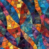 Vibrant mosaic pattern with curved geometric shapes in blue, orange, red and purple creates dynamic abstract composition. Seamless repeat design for fabric and wallpaper.