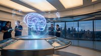 Futuristic holographic brain projection in modern office meeting room with diverse business team analyzing neuroscience data and artificial intelligence concepts.
