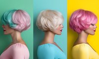 Side profile portraits of women with vibrant short hairstyles in pink, platinum blonde, and magenta against colorful backgrounds. Modern beauty and fashion concept.