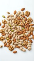 Mixed nuts collection with almonds, walnuts, pistachios scattered on white background for healthy snacking and cooking recipes.