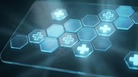 Glowing hexagonal medical icons with plus symbols on digital tablet surface, representing healthcare technology and telemedicine solutions for digital health applications.