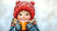 Happy child in red knit hat with pompoms drinking hot beverage from orange mug during winter snowfall, cozy seasonal moment with warm clothing and mittens.