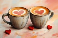 Two ceramic cups of coffee with heart-shaped latte art on creamy foam, accompanied by small red decorative hearts on pink textured surface. For Valentine's Day or romantic design.