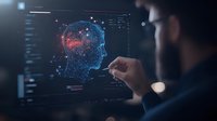 Digital brain scan with neural network visualization on computer screen, analyzed by male professional for artificial intelligence research.